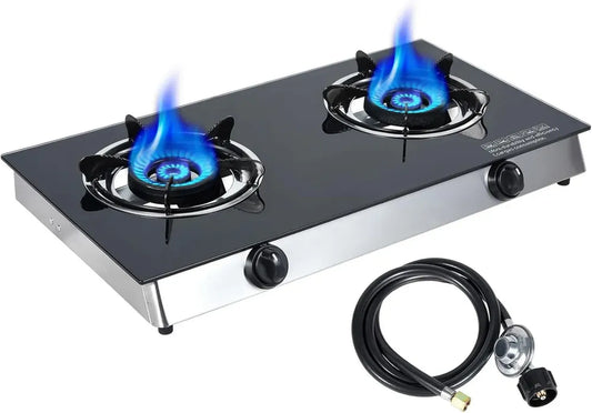 Plaque de cuisson portable à gaz 2 feux en verre trempé avec allumage auto, 19 000 BTU, certifiée CSA, idéale pour camping et caravanes