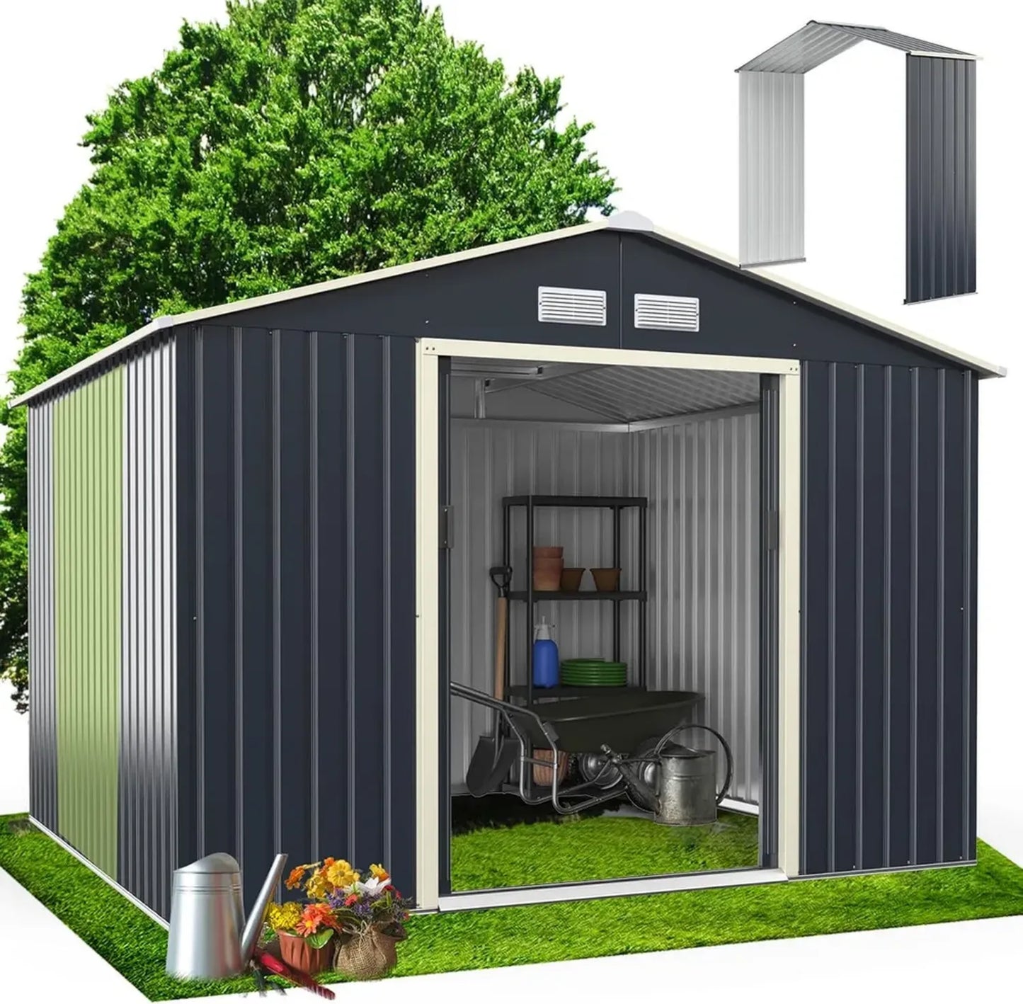 REMISO Cabane en Métal pour Jardin 7m² avec Porte Coulissante et Extension, Abri Extérieur 267x256x202cm Résistant aux Intempéries