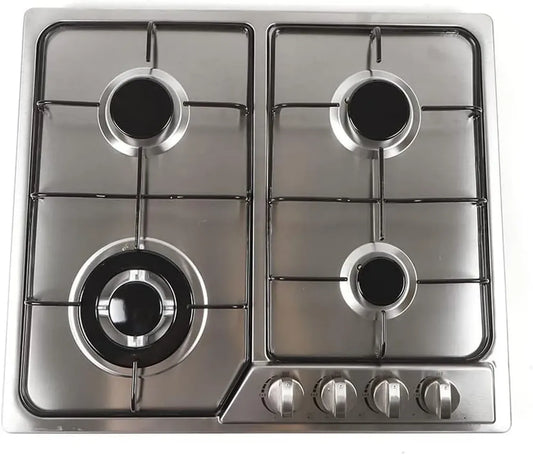 Plaque de cuisson à gaz 4 foyers inox 58 cm, compatible gaz naturel et propane