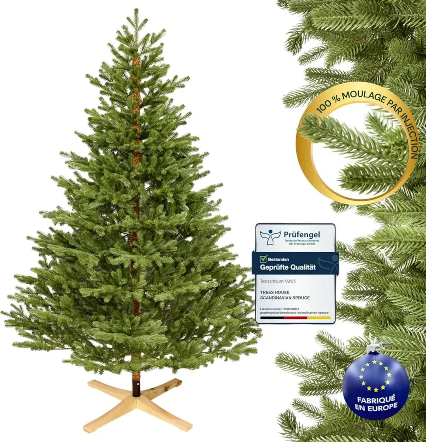 Arbre de Noël Artificiel 210 cm, Épicéa Moulé par Injection avec Support en Bois FSC