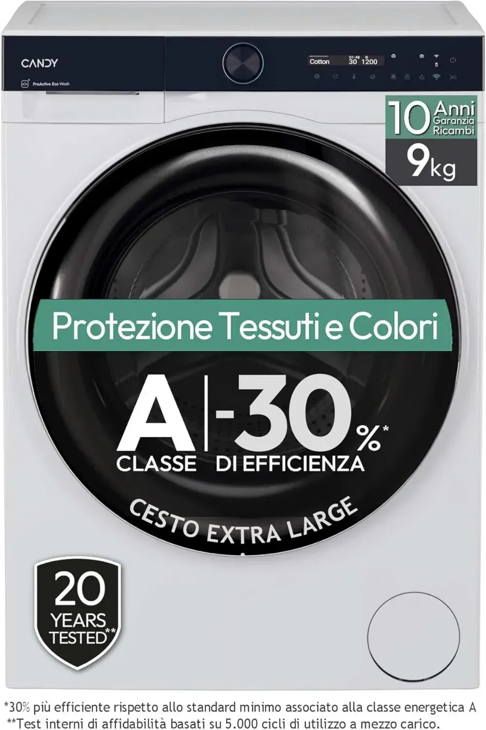 Lave-linge Candy ProWash 700, 9kg, connectivité intelligente, classe A, 1400 tours, 16 programmes, blanc