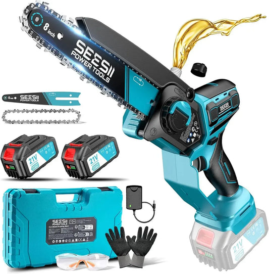 Tronçonneuse Sans Fil 6 et 8 Pouces, 1000W Brushless, 2 Batteries 4000mAh, Lubrification Automatique, Idéale pour Bois et Branches