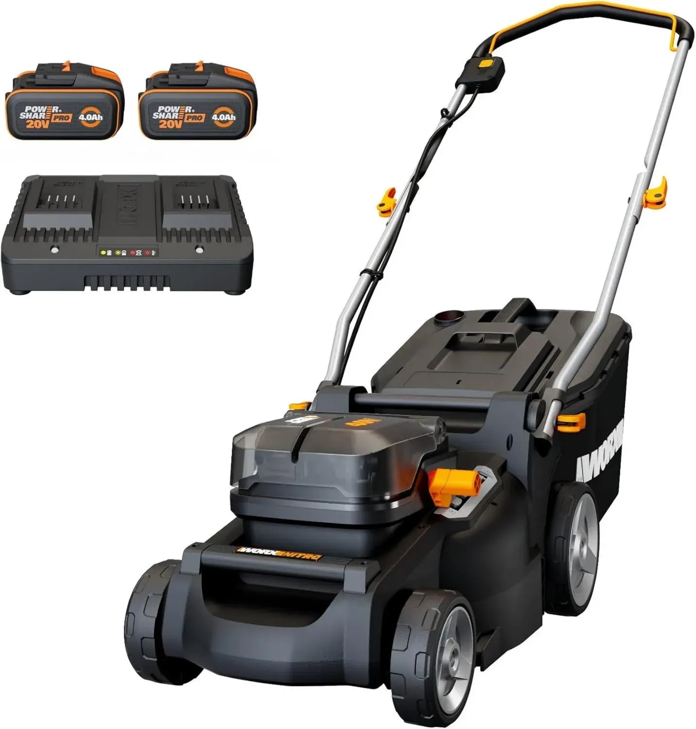 Tondeuse à Gazon WORX 40V sans Fil, 600 m², Lame 37cm, Sac 40L, Coupe Bordure, Hauteur Réglable 6 Niveaux, 2 Batteries 4Ah et Chargeur Inclus